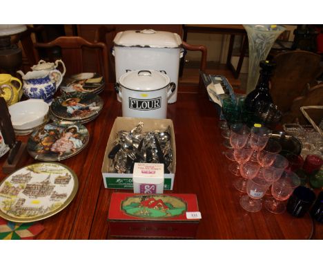 An enamel bread bin, an enamel flour bin, various plated and other cutlery, a CWS vintage biscuits tin etc.