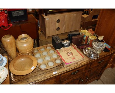 Two cased pairs of binoculars; an Ilford camera; a box Brownie type camera; an oval plated tureen; a cased manicure set; wood