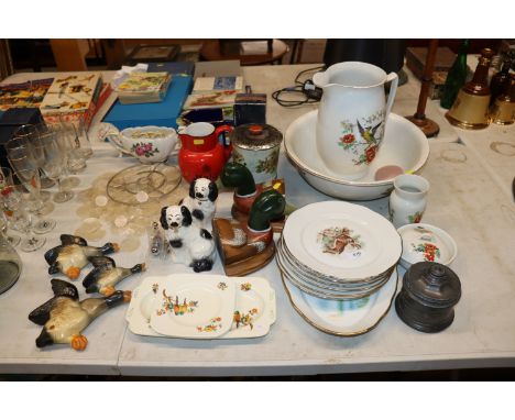 A collection of various decorative porcelain to include a French games set; a decorated toilet jug and basin etc.
