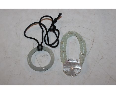 A Chinese jade and Sterling silver bracelet and Chinese jade necklace 