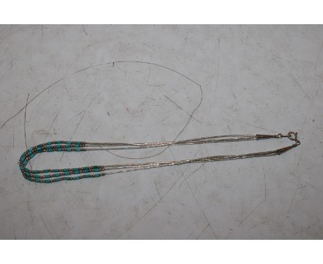 Carolyn Pollock for Relios, American Indian Sterling silver and turquoise three strand necklace 