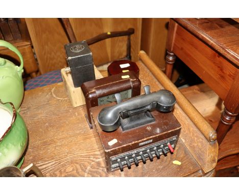A Dictograph telephone switchboard; a Bakelite cased Timlec clock; a Warwick box camera; a modern cased table clock etc.