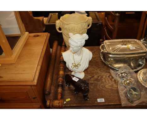 An Oriental resin vase; two resin busts; a carved hardwood  lion figure; and a decorative pipe of peace