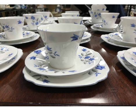 ROYAL ALBERT TEA SERVICE with blue floral design and stylish shaped handles 