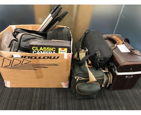 LOT OF CAMERA EQUIPMENTincluding Panasonic camcorder in case, Nikon camera in green carry case, Konica camera, a camera blimp