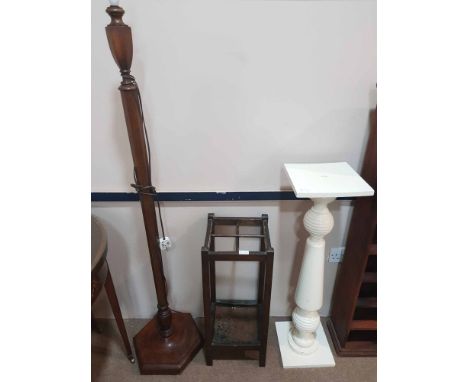 MAHOGANY STANDARD LAMP, A PAINTED WOOD PEDESTAL AND AN OAK STICK STAND (3) 