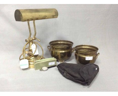 BRASS DESK LAMP also three brass planters, an army shovel and a pedometer