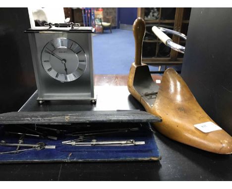 LOT OF MIXED COLLECTABLES including drawing instruments, shoe last, camera etc