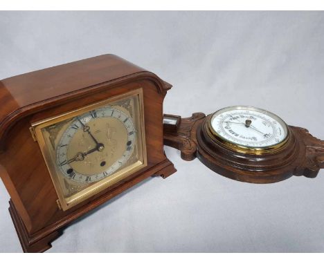 SORLEY MANTEL CLOCK AND AN OAK WALL BAROMETER (2)
