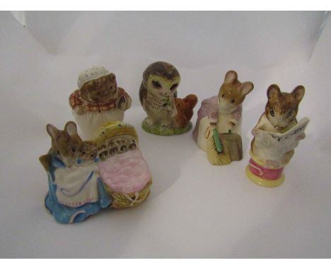 Five Beswick Beatrix Potter figures - "Old Mr. Brown", "Hunca Munca", "Mrs. Tiggy-Winkle" with platinum iron, "Hunca Munca Sw