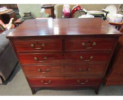 A late George III mahogany chest of two short over three graduating long drawers with brass swan neck handles over bracket fe