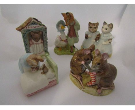 Five Royal Albert Beatrix Potter figures "Miss Dormouse", "Jemima Puddleduck with Foxy Whiskered Gentleman", "Mittens and Mop