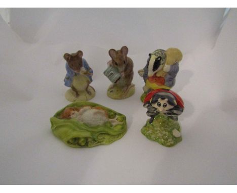 Five Royal Albert Beatrix Potter figures - "Tommy Brock", "Hunca Munca spills the beads", "Gentleman Mouse made a Bow", "Moth