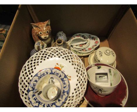 A box of 19th and 20th Century ceramics including studio bowls, cat figures, Emma Bridgewater cheese dome etc