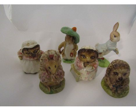 Six Beswick Beatrix Potter figures "Mrs Tiggy Winkle", "Tomasina Tittlemouse","Old Mr Pricklepin", "Mrs Tiggy Winkle Takes Te