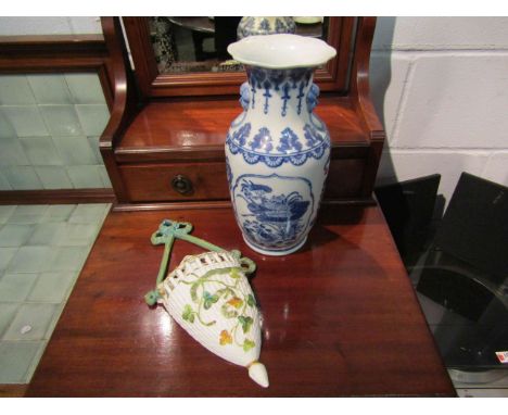 A blue and white 20th vase and a 19th Century ceramic wall pocket (2)