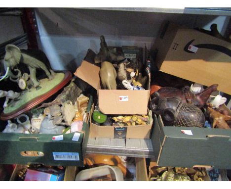 Ten boxes of brass and ceramic elephants