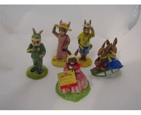 Five Royal Doulton Bunnykins figures "Tourist Bunnykins", "Sightseer Bunnykins", "Polly", "Stopwatch Bunnykins" and "Billie a