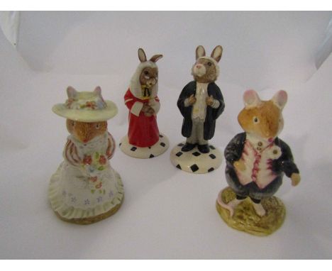 Two Royal Doulton Bunnykins figures "Lawyer Bunnykins", "Judge Bunnykins" and two Brambly Hedge figures "Dusty Dogwood" and "