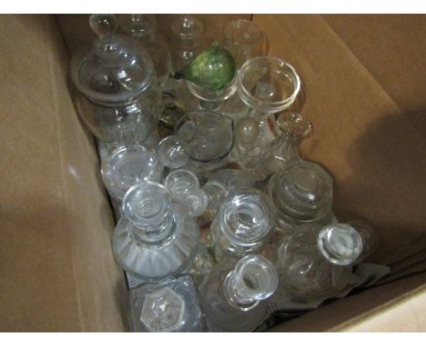 Two boxes of 19th and 20th Century glass including decanters, apothecary jars, stained glass leaded panel, Bristol blue witch