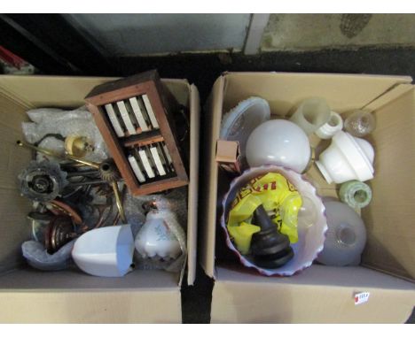 Two boxes of gas converted electrical light fittings and shades, with a fuse box