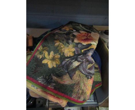 Tapestry woven cushion covers (3) approx. 44cm square, zip to side, two white curtains, looped heading, length 217cm x width 