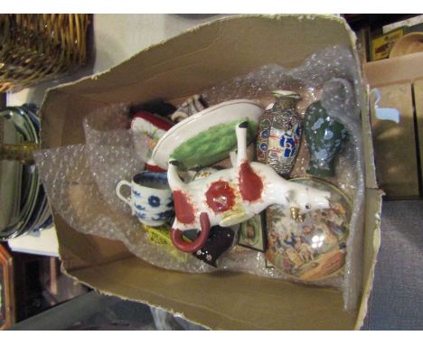 A box containing assorted items including a 19th Century cow creamer, a porcelain patch box, miniature vases and paintings   