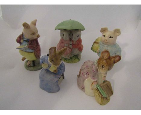 Five Royal Albert Beatrix Potter figures - "Goody and Timmy Tiptoes", "Little Pig Robinson", "Pigling Eats his Porridge", "Hu