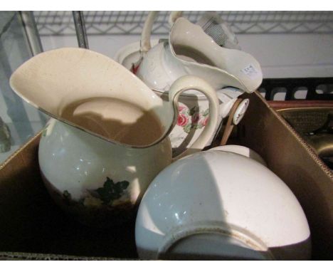 Three ceramic wash jugs and a pail