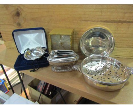 A Ronson table lighter, Luxor timepiece, a silver dish and plated wares etc