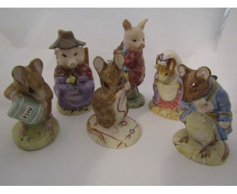 Six Royal Albert Beatrix Potter figures - "Pigling Eats his Porridge", "And this Pig had None", "Lady Mouse made a Curtsy", "