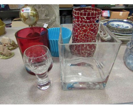 A modern glass vase, candle holders, light-up shade etc (5) 