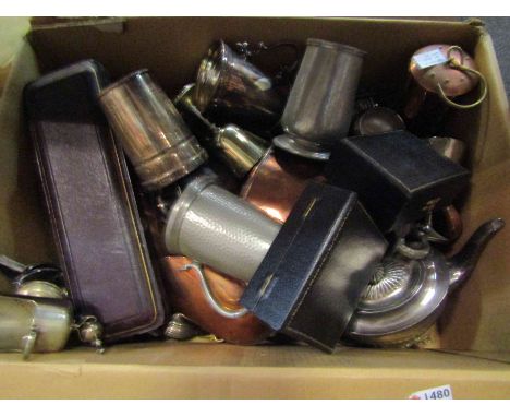 A quantity of copper wares plated and pewter, including scoop, miner's lamp, etc