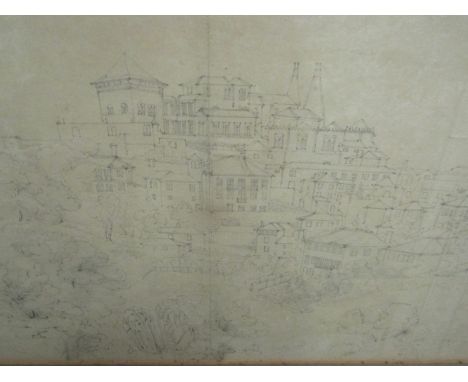 Two framed and glazed pencil sketches including 19th Century family portrait in maple frame, with a panoramic city view sketc