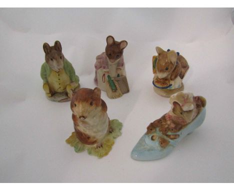 Five Beatrix Potter figures "Timmy Willie", "Old Woman who lived in a Shoe", "Hunca Munca Sweeping", "Appley Dapply" and "Sam