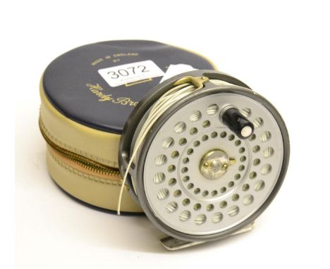 A Hardy 3 3/4inch Alloy 'St. Aiden' Salmon Fly Reel, with black handle ,alloy foot, grey enamel finish, with line, in zip cas