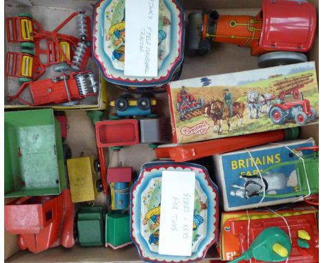 Various Toys including Dinky Field Marshall tractor (lacks driver) Manure spreader, disc harrow and Gang mower in trade box f