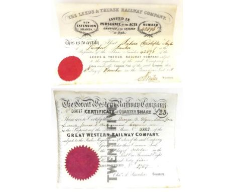 Railway Share Certificates Leeds and Thirsk Railway 1848 and GWR 1845 