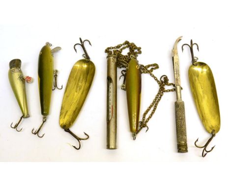 Seven Hardy Brothers Accessories, comprising 'The Curate' tweezers, a thermometer and five lures