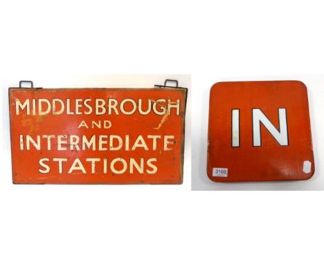 BR(NE) Wooden 'Middlesbrough And Intermediate Stations' Hanging Sign double sided 33.5x18'' (G-F) together with a square BR(N