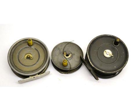Two Hardy Alloy 'Uniqua' Fly Reels, comprising a 3 1/2inch with wide drum, grey enamel finish and a 3 5/8inch with narrow dru