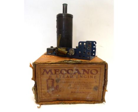 Meccano Steam Engine brass boiler on blue base with single oscillating cylinder, in original orange box dated 10.29 with shop