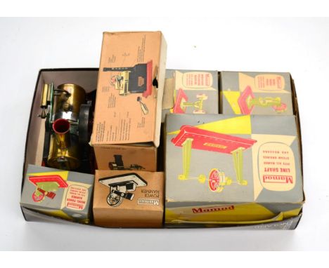 Mamod SP1 Stationary Steam Engine (G-F box G) a similar engine (unboxed) and five accessories: Line shaft, Power press, Polis