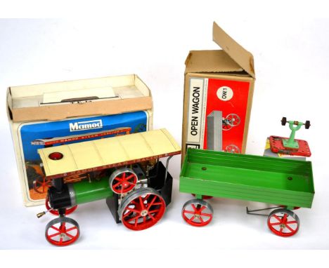 Mamod TE1a Traction Engine (G-E, has been fired, box G-F) OW1 open wagon (E box G-E) and two polishing machines (one boxed) (