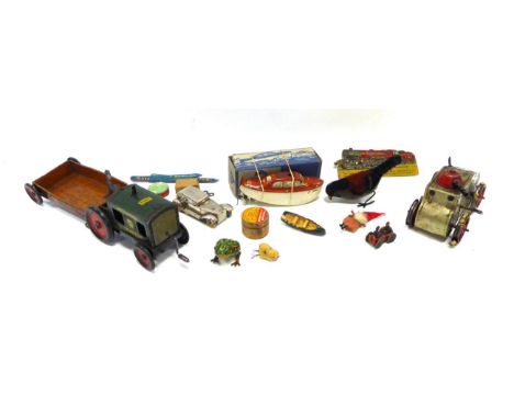 Various Tin Toys Fleischmann No. F300 c/w Cabin cruiser (boxed, rudder detached) Hess Tractor and Trailer (F-G) Triang tank (