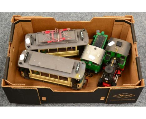 LGB Tram Car Burgring powercar with pantograph and trailer coach; 0-4-0T LGB 2 locomotive and 0-4-0 Diesel shunter (all G-F) 