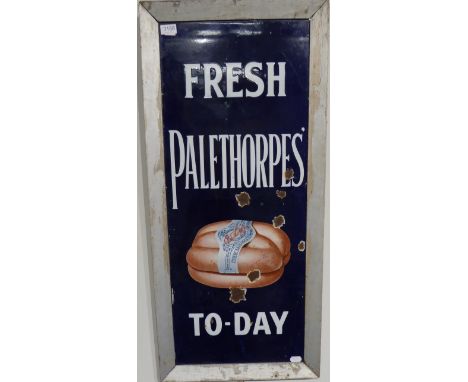 Enamel Advertising Sign 'Fresh Palethorpes To-Day' with white lettering on cobalt blue ground and colour picture of sausages 