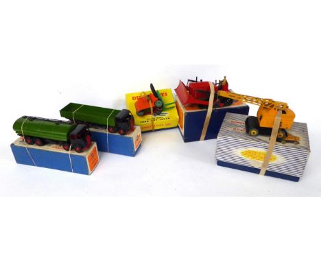 Dinky Commercials 504 1st Foden tanker, 501 1st Foden wagon (both repainted, boxes G-F) 971 Coles mobile crane, 561 Bulldozer