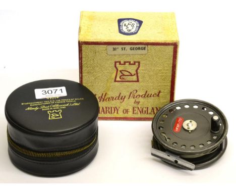 A Hardy 3 3/4inch Alloy 'St George' Fly Reel, with black handle, alloy foot, agate lineguard, grey enamel finish, in zip case