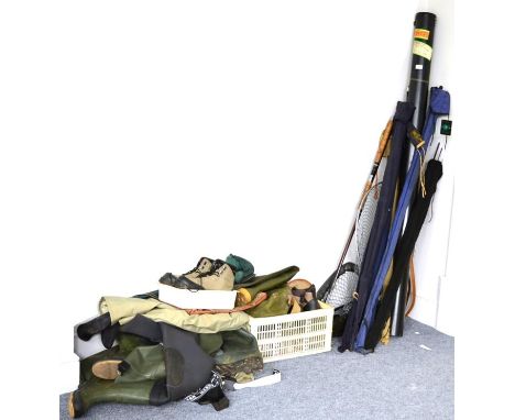 A Collection of Fishing Tackle, including clothing, bags, boots, landing nets, tackle bag, fly boxes, waders, seat, rod tube 